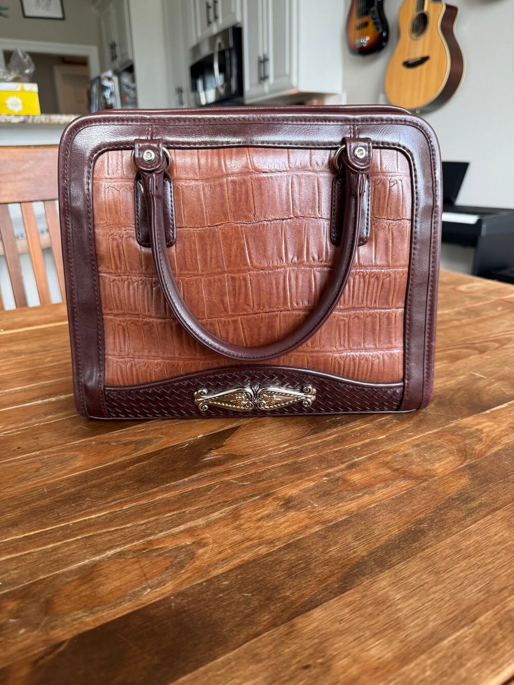 Vintage Marlo Brown Croc Embossed Structured Satchel Bag - Filigree Accents